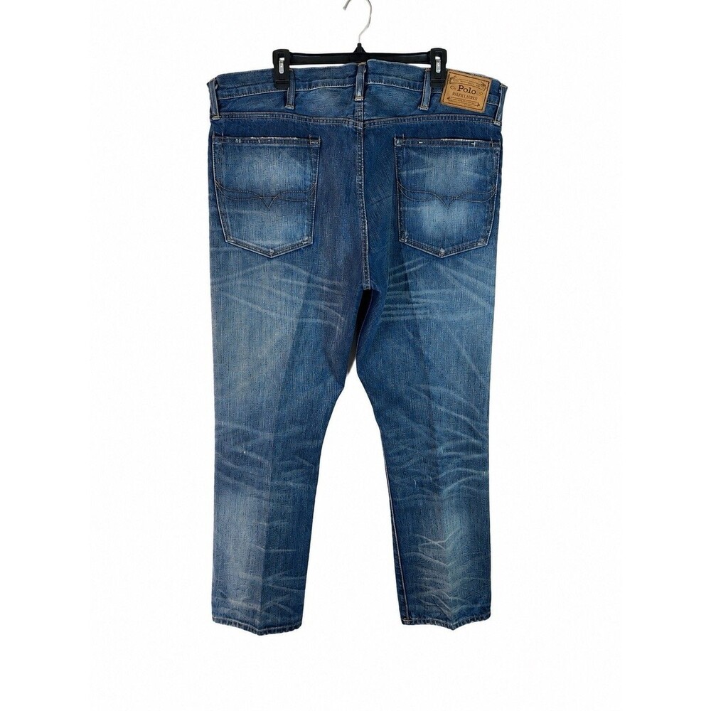 Polo Ralph Lauren Varick Slim Straight Jeans Mens 40x30 Blue Distressed Denim - Picture 3 of 10